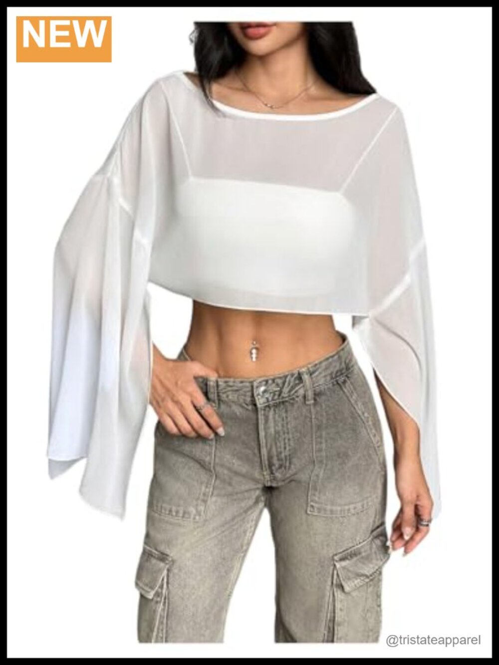 Mesh Sheer Split Bell Sleeve Crop Top Blouse